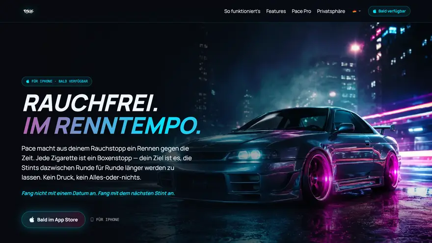 Screenshot of the Pace homepage